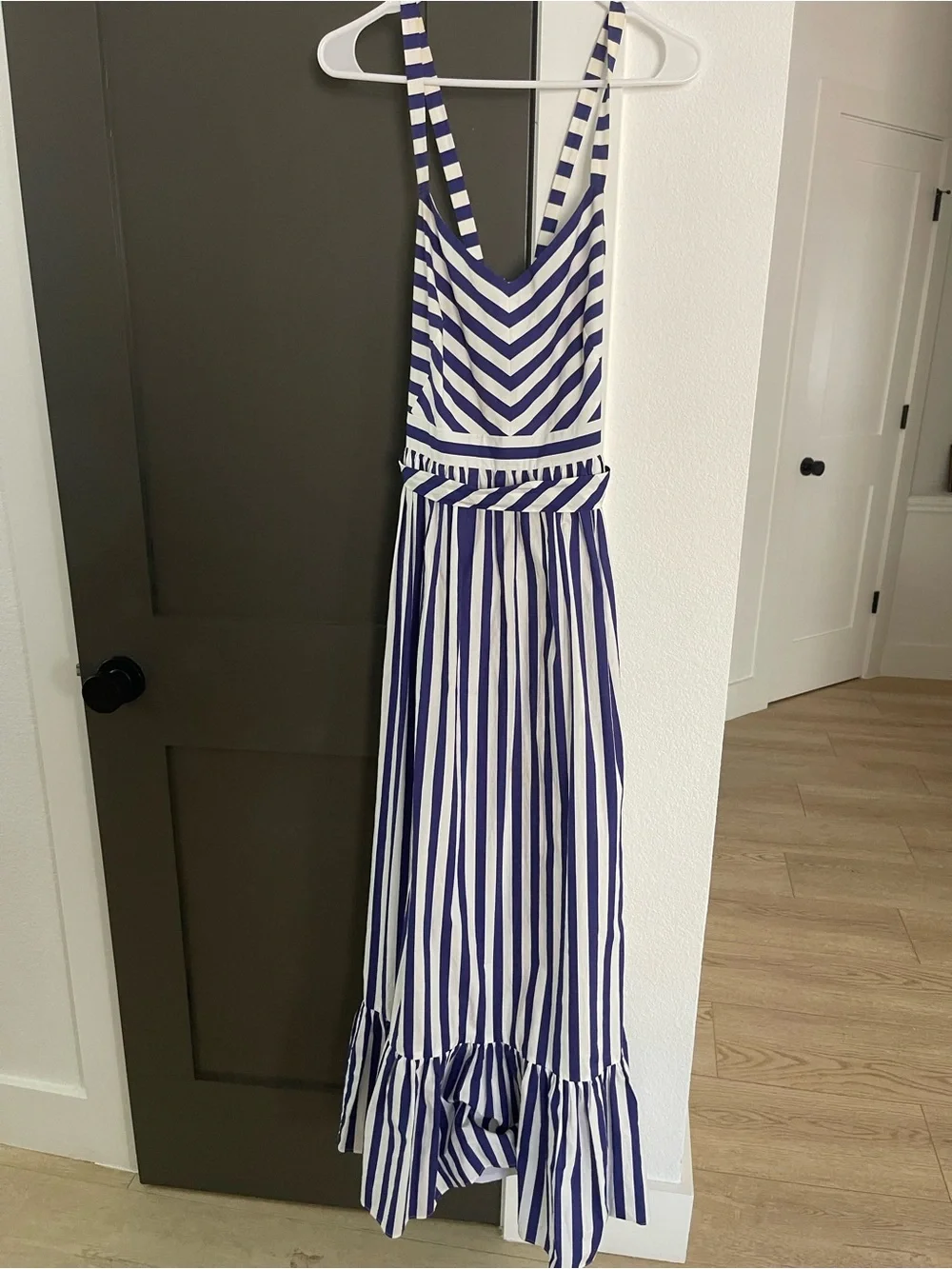 J. Crew Striped Blue and White Maxi Dress with Waist Tie